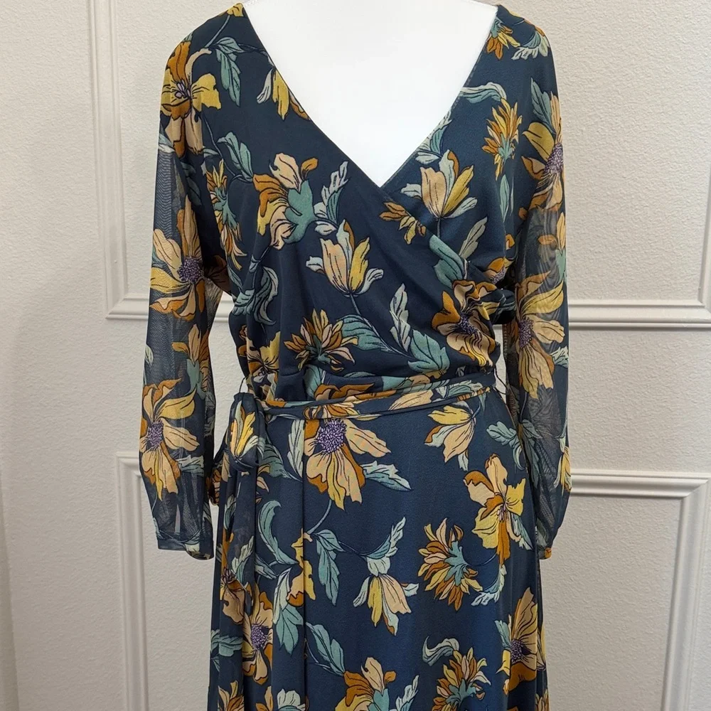 Floral Wrap overlayed Maxi Dress 3/4 sleeve in Teal and Mustard✨Large - Picture 3 of 8